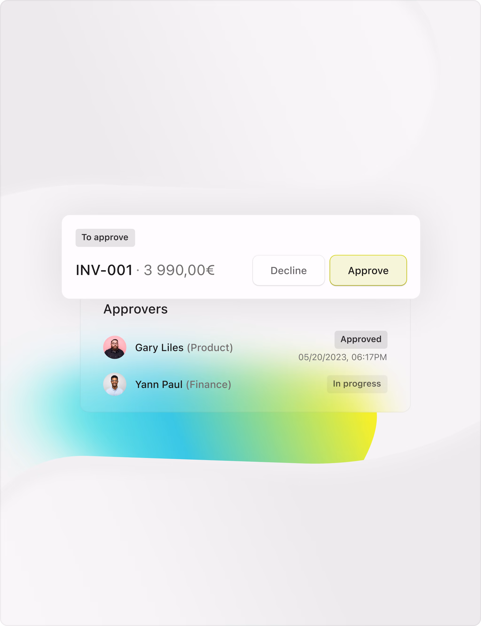 Invoice INV-001 for EUR 3,990.00 awaiting approval, with one approver signed off and a second in progress