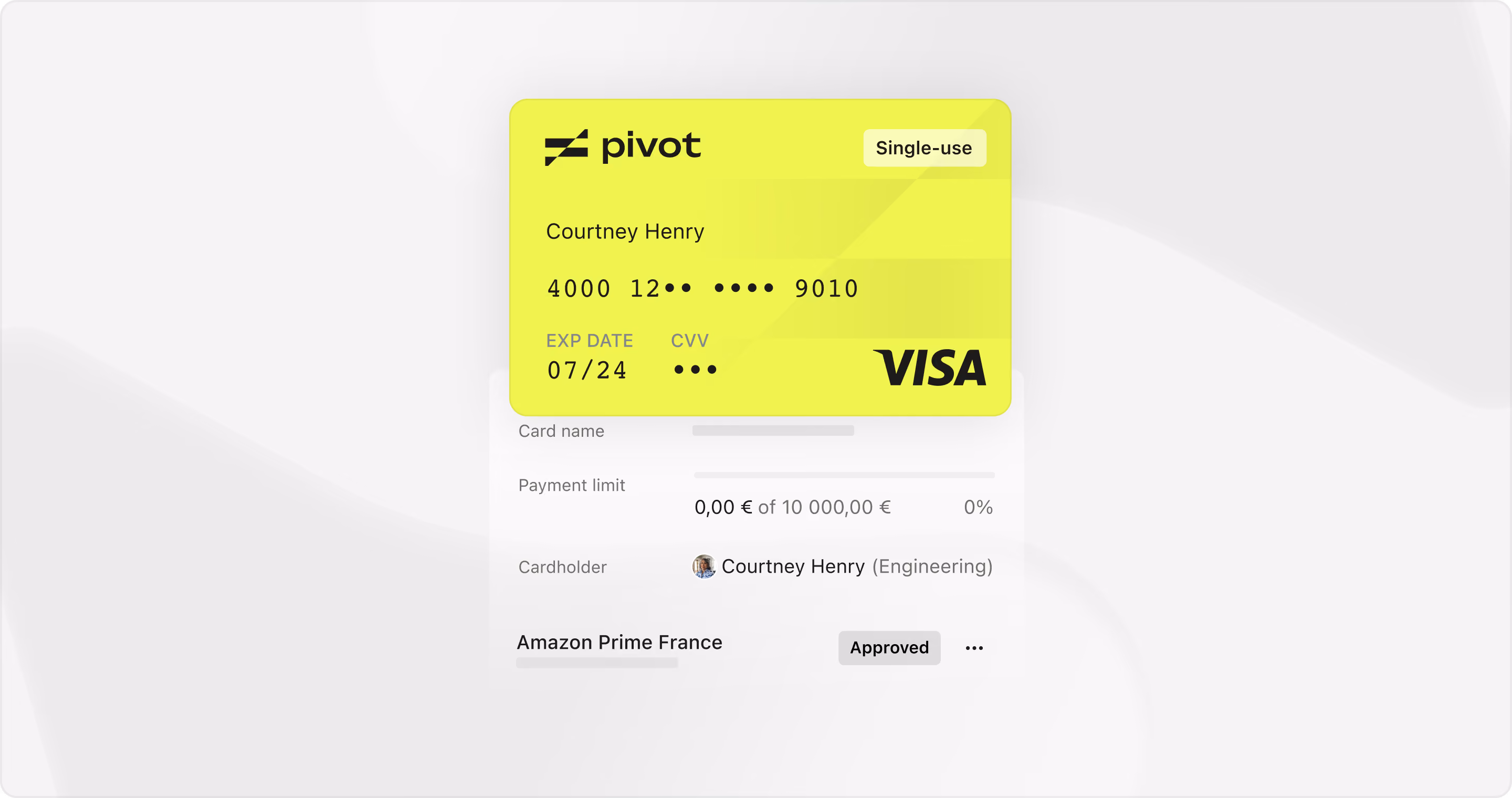 A single-use Pivot Visa virtual card issued to Courtney Henry with a EUR 10,000 limit, approved for Amazon Prime France