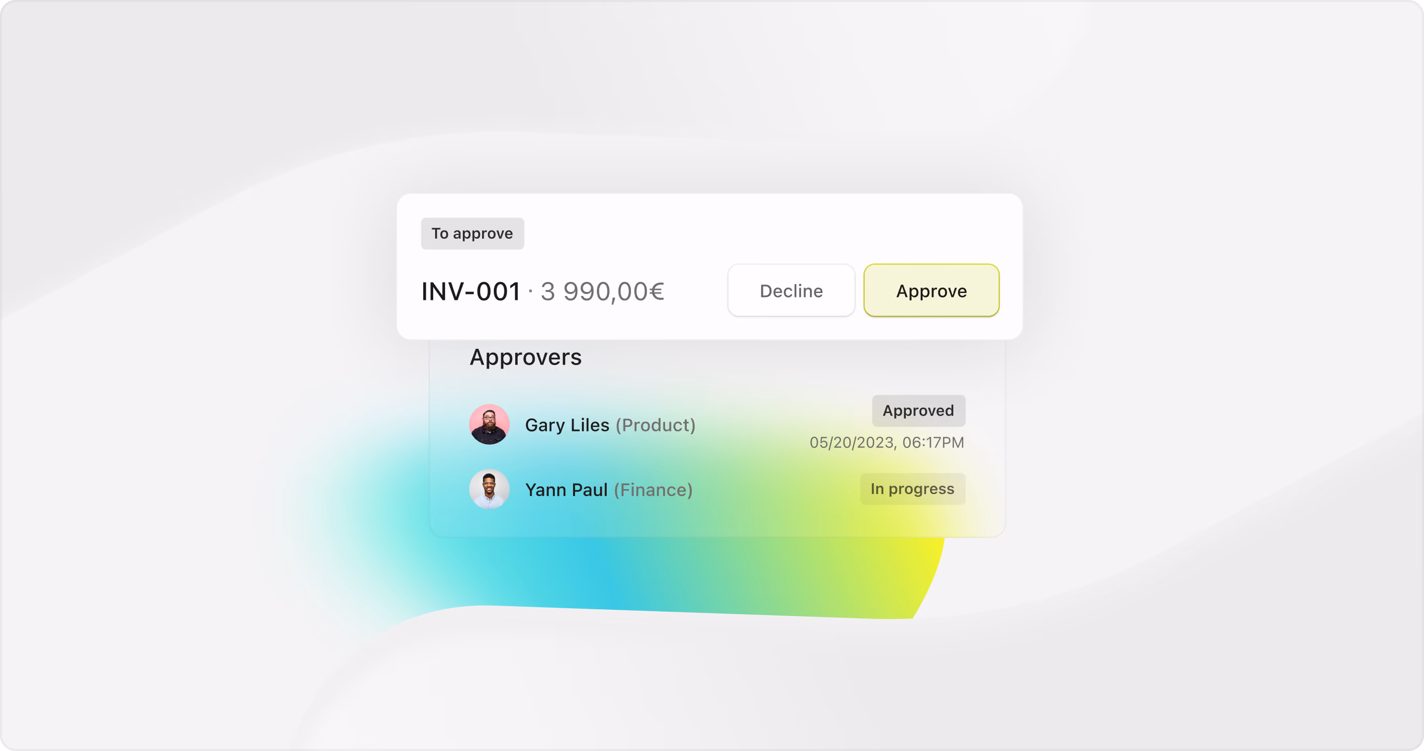 Invoice INV-001 for EUR 3,990.00 awaiting approval, with one approver signed off and a second in progress
