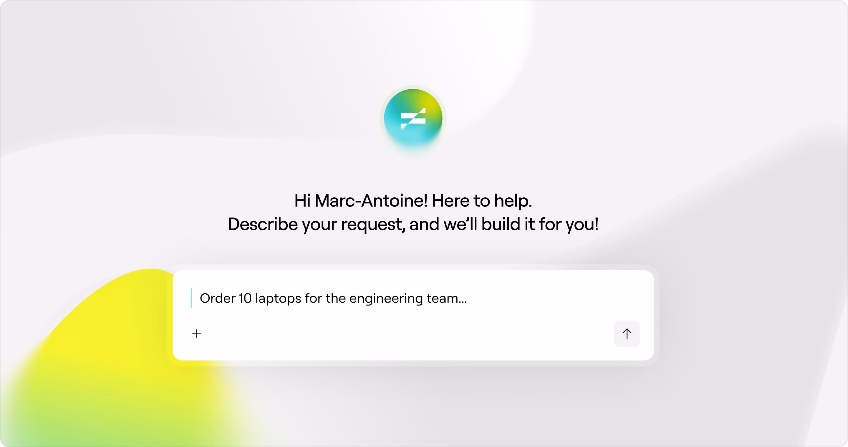 Pivot intake assistant greeting a user and accepting the request Order 10 laptops for the engineering team