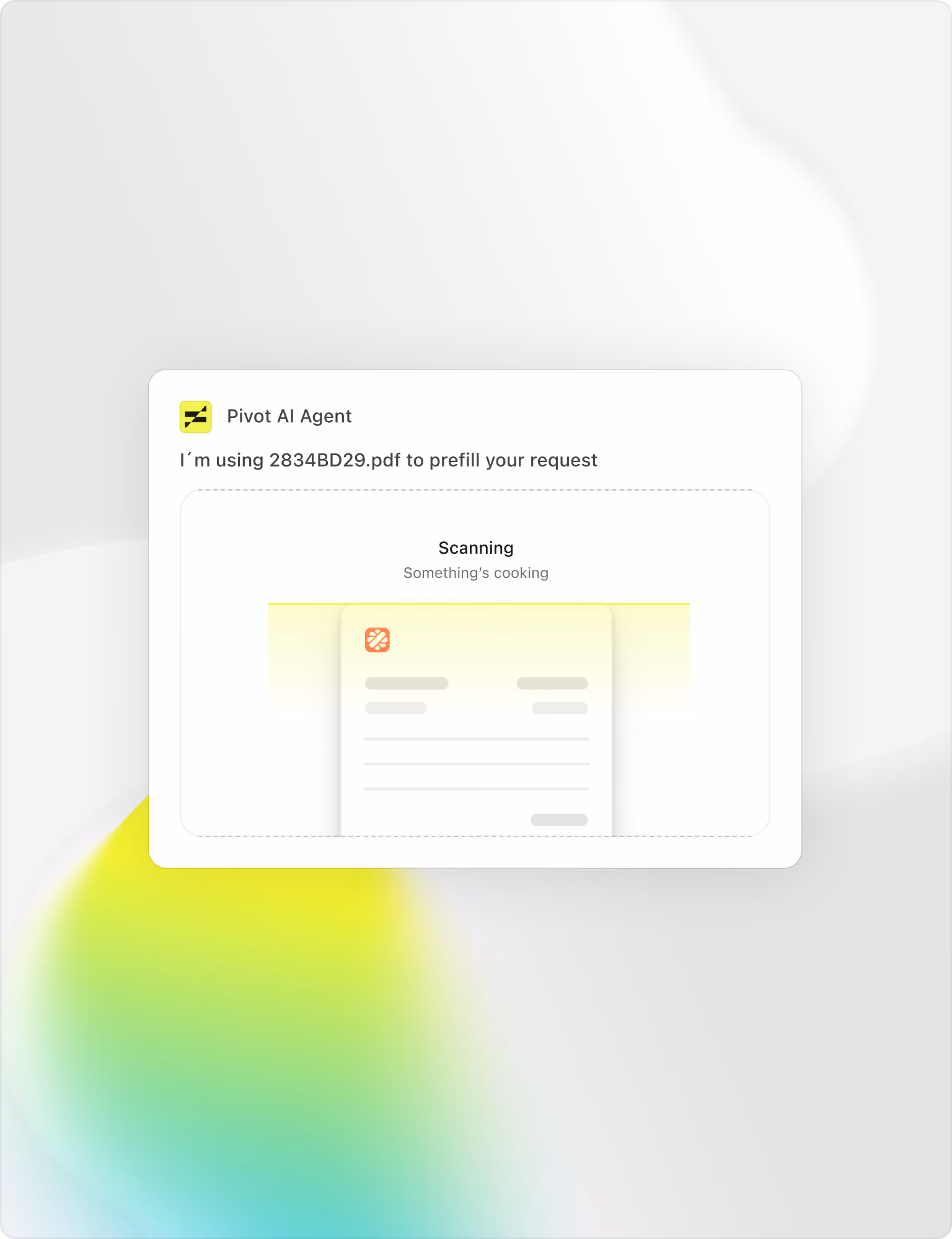 Pivot AI Agent scanning the PDF 2834BD29.pdf to prefill a purchase request