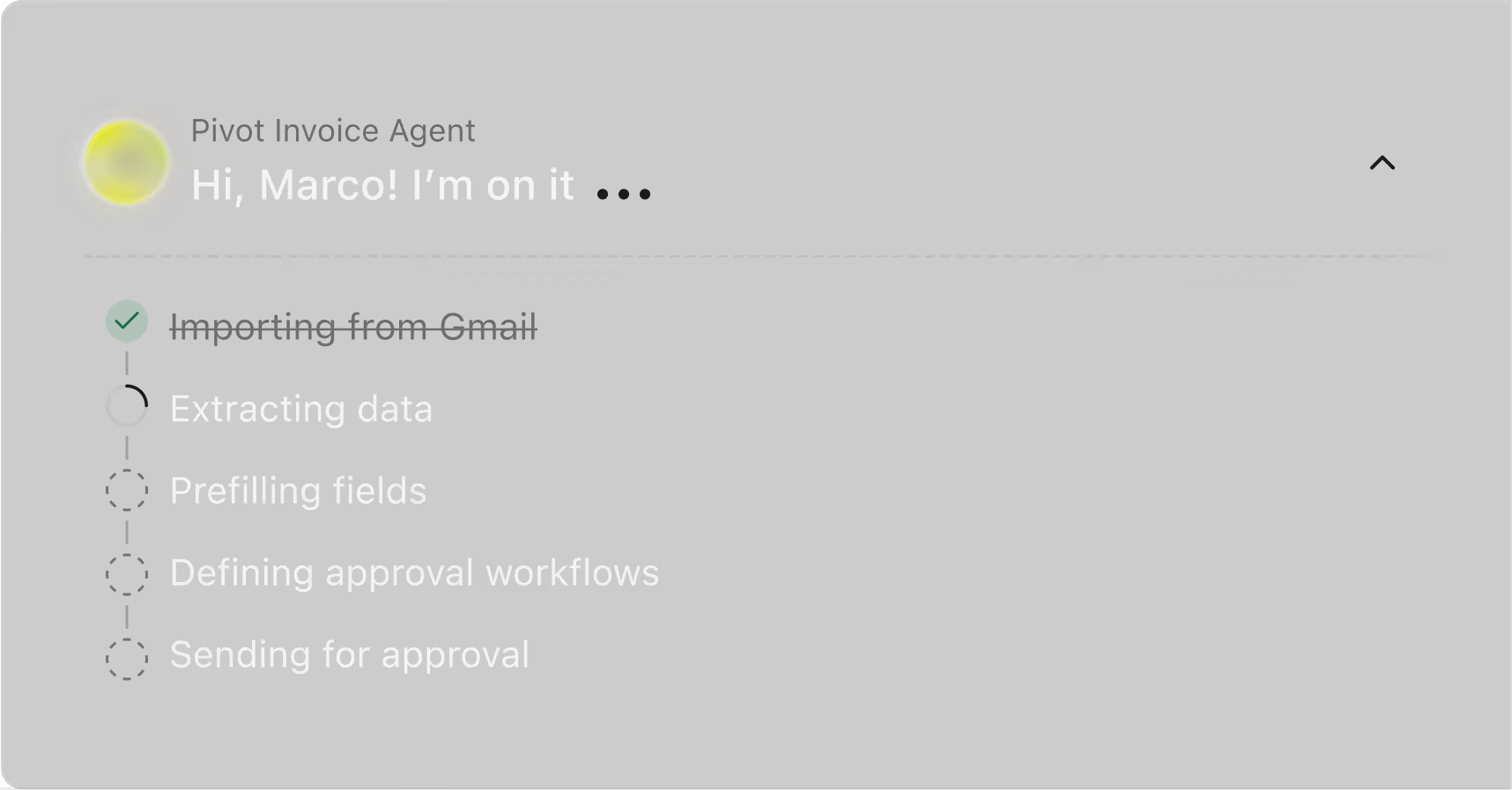 Pivot Invoice Agent working through its steps: importing from Gmail, extracting data, prefilling fields, defining approval workflows and sending for approval