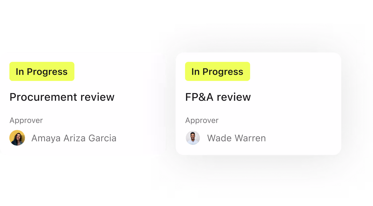 Procurement review and FP&A review both in progress, each with a named approver