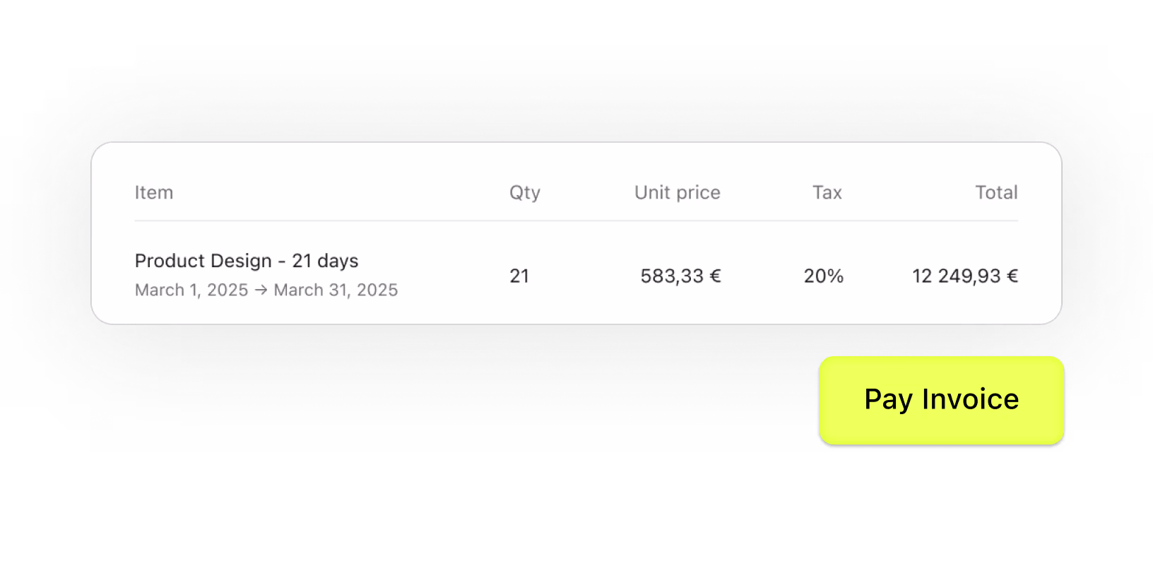 An invoice line for 21 days of product design totalling EUR 12,249.93 with a Pay Invoice button