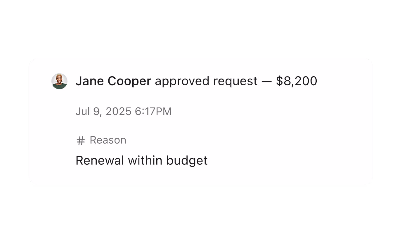 An approval record showing Jane Cooper approved an $8,200 request with the reason renewal within budget