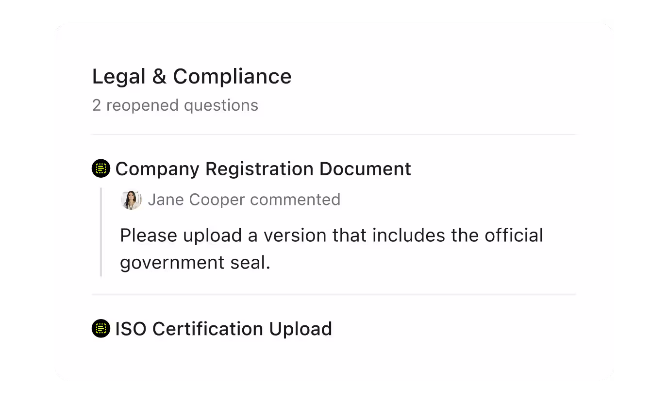 A legal and compliance checklist with two reopened questions, including a request to re-upload a company registration document with the official seal