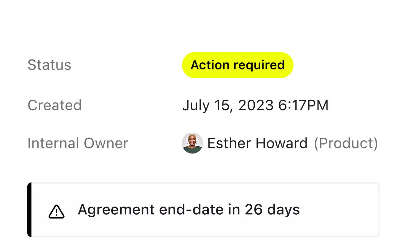 An agreement marked action required, owned by Esther Howard, with its end date 26 days away