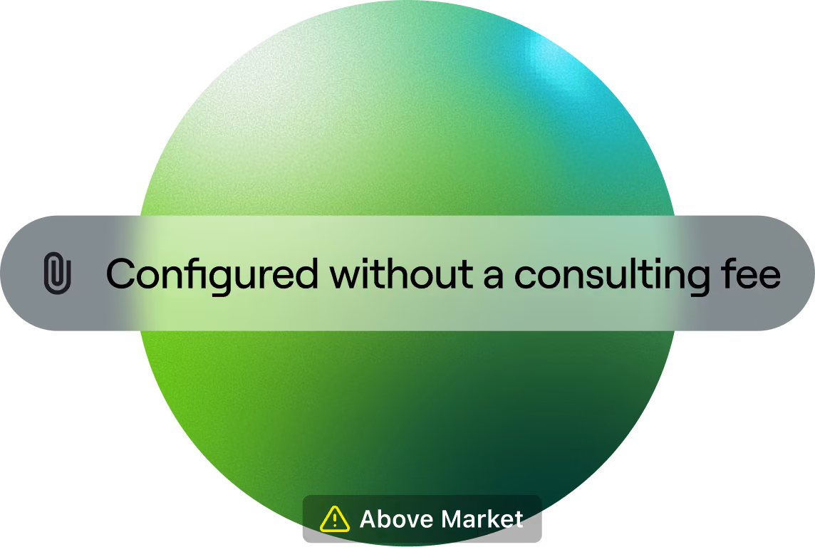 A label reading Configured without a consulting fee, with an above-market warning