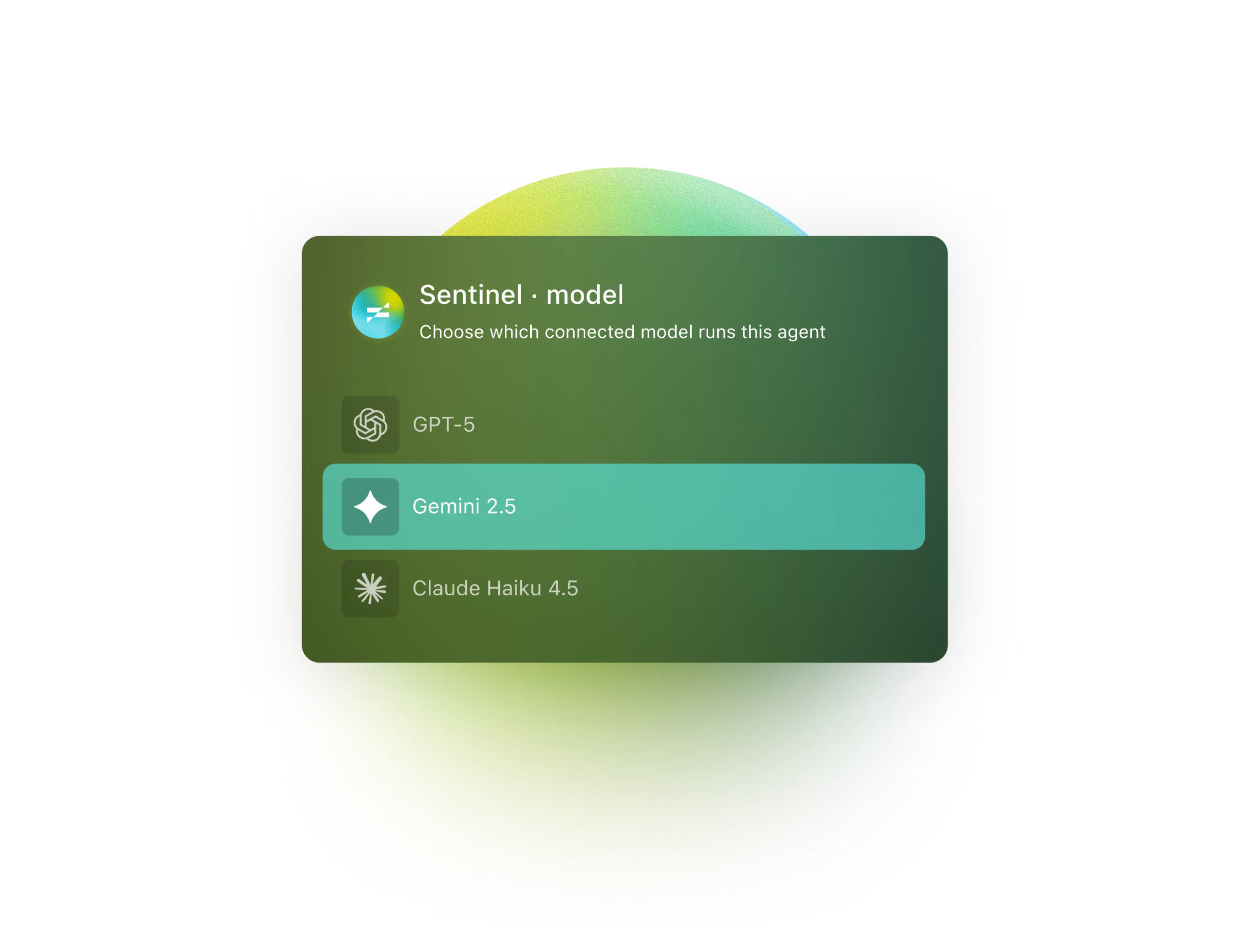 Choosing which connected model runs the Sentinel agent, with options GPT-5, Gemini 2.5 and Claude Haiku 4.5