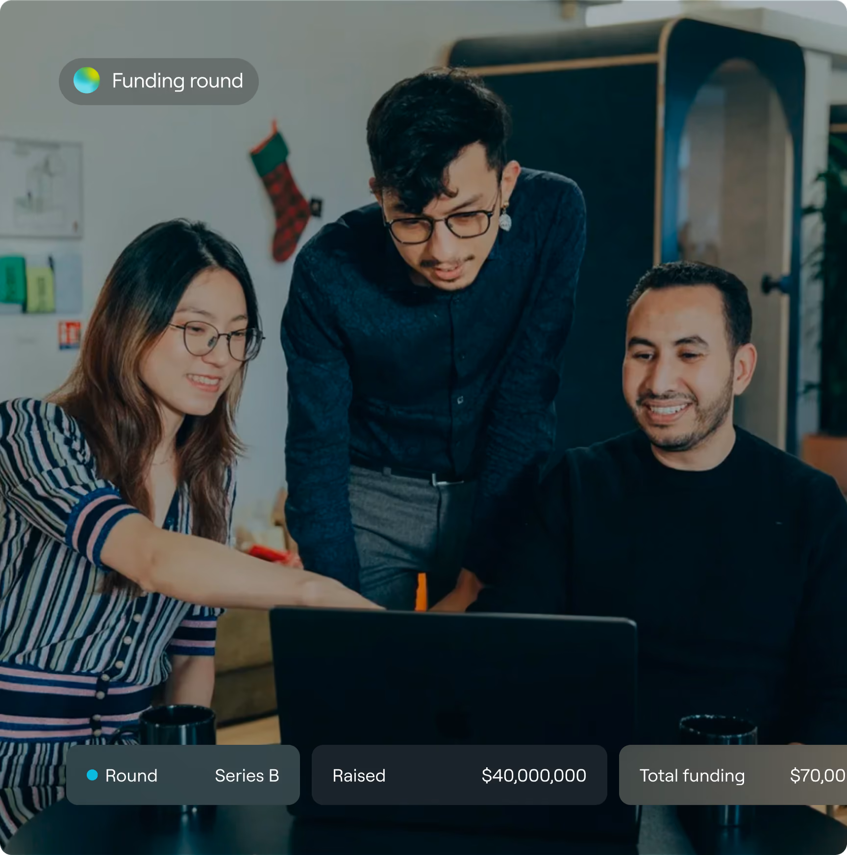 Three Pivot colleagues gathered around a laptop, with an overlay showing a Series B funding round and $40,000,000 raised