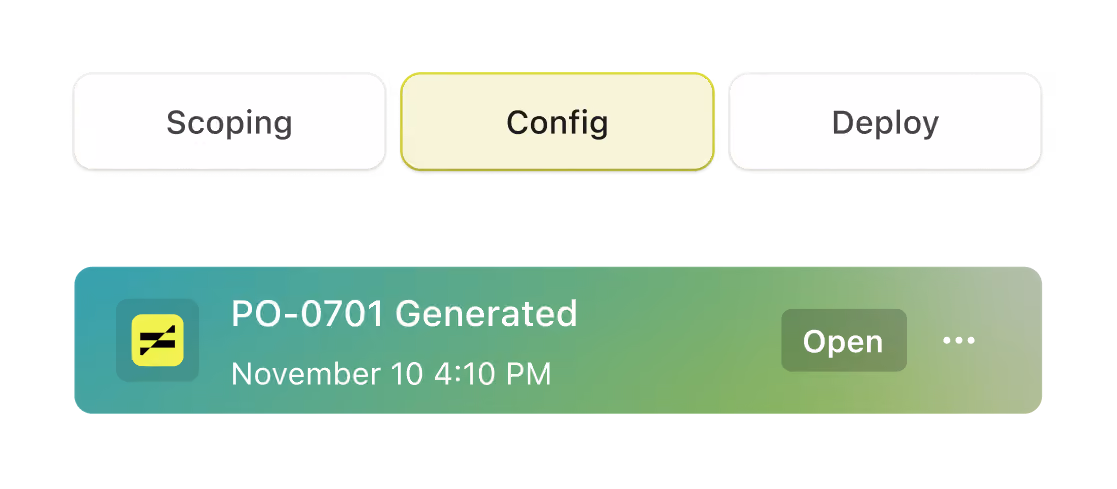 Implementation steps Scoping, Config and Deploy, with a notification that purchase order PO-0701 was generated