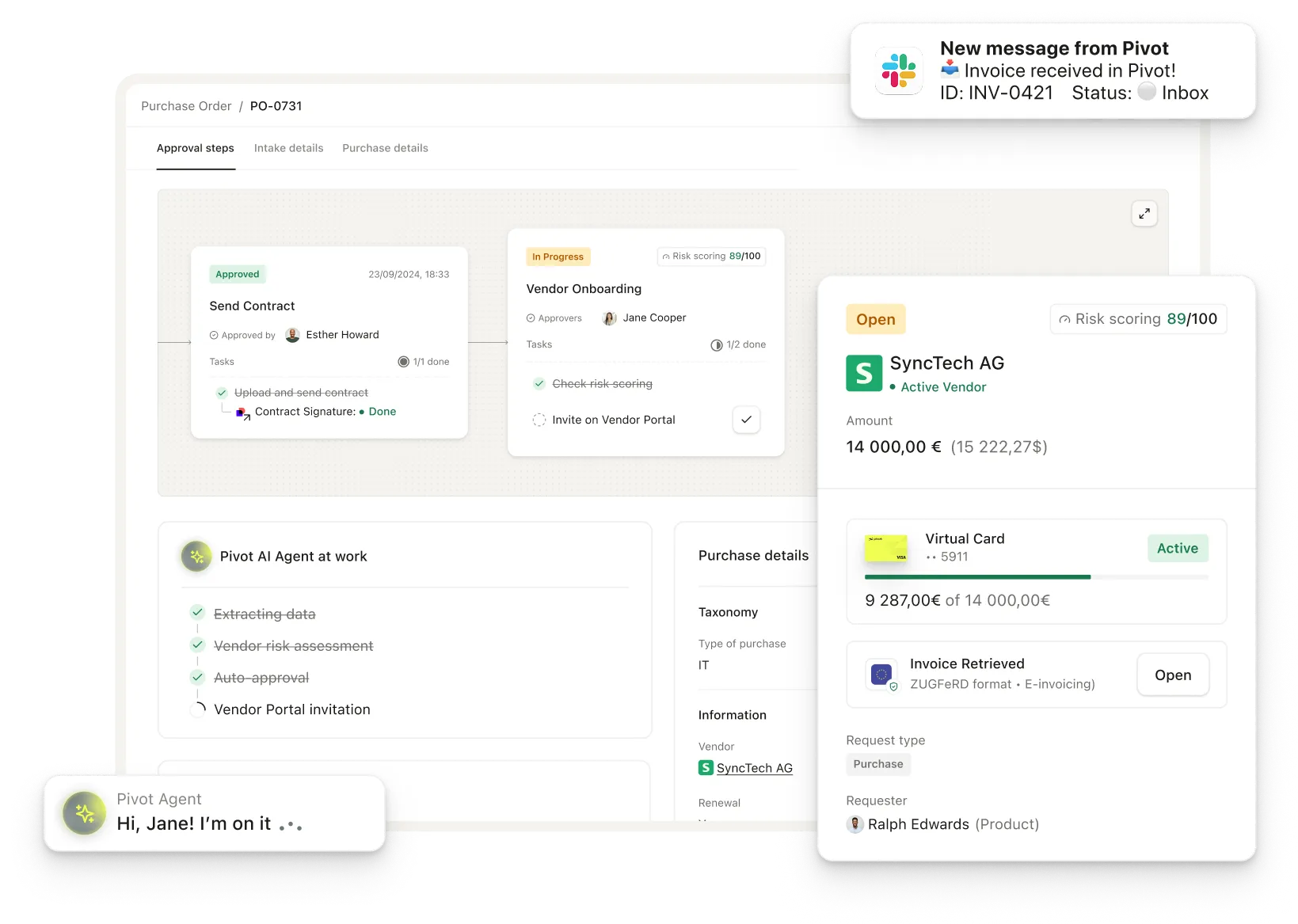 Pivot procurement platform dashboard showing purchase requests and approvals