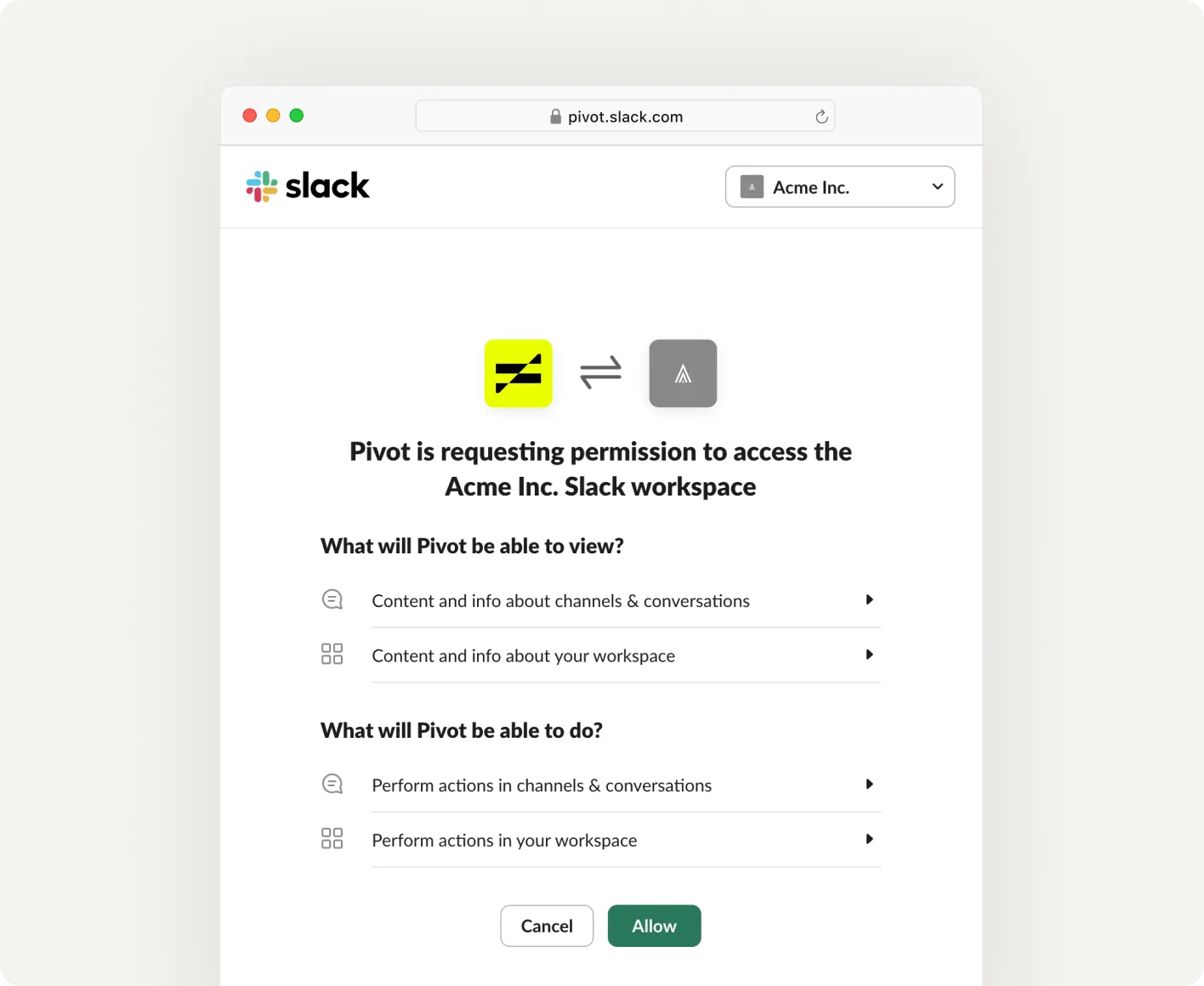 Slack authorization screen for installing the Pivot app
