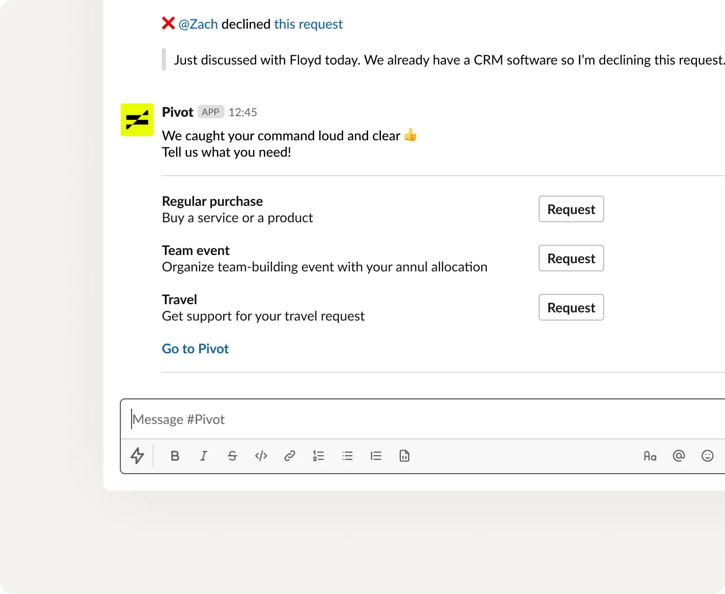 Starting a procurement request in Slack with the /request command