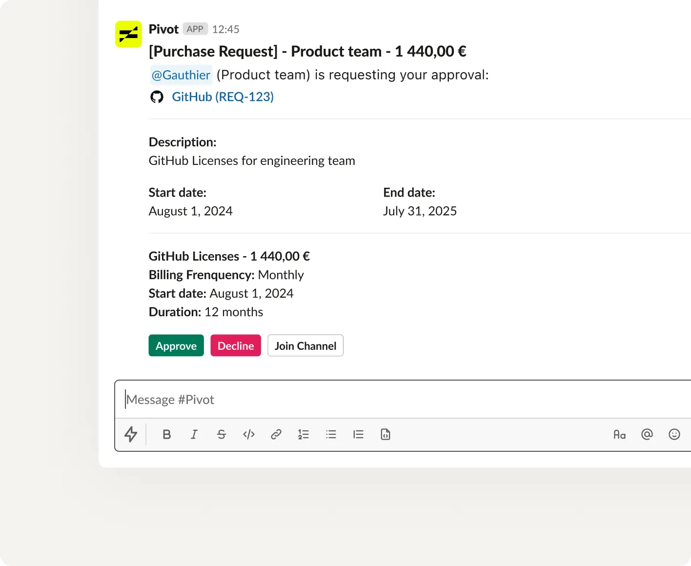 Approving a purchase request with one click in a Slack notification