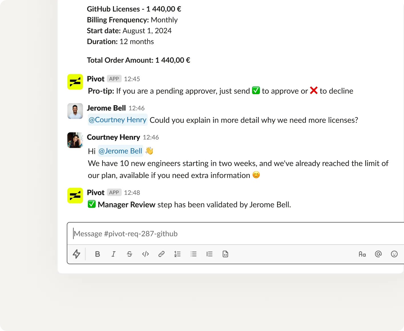 Commenting on a request in Slack, synced with Pivot
