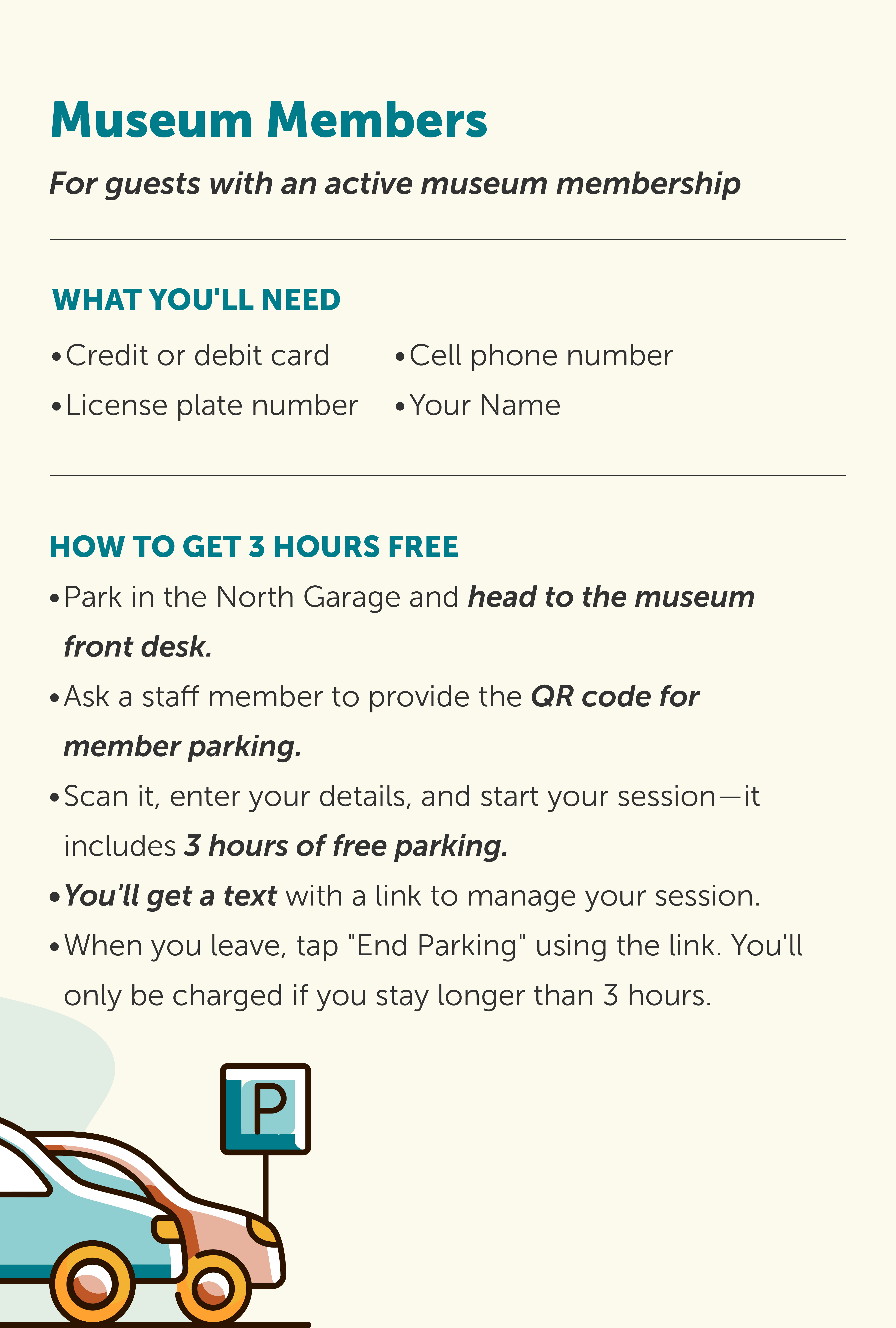 Instructions for museum members on how to get 3 hours free parking including required items like credit/debit card, license plate number, cell phone number, and name, with steps to park in the North Garage, get a QR code from staff, scan it to start the session, receive a text to manage parking, and end parking to avoid charges beyond 3 hours.