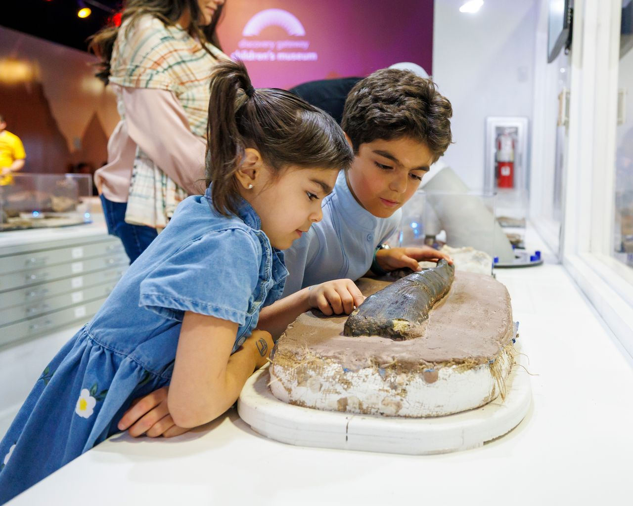 Two children closely observing a fossil or geological exhibit on a display stand in a museum setting, with adults and other exhibits blurred in the background.