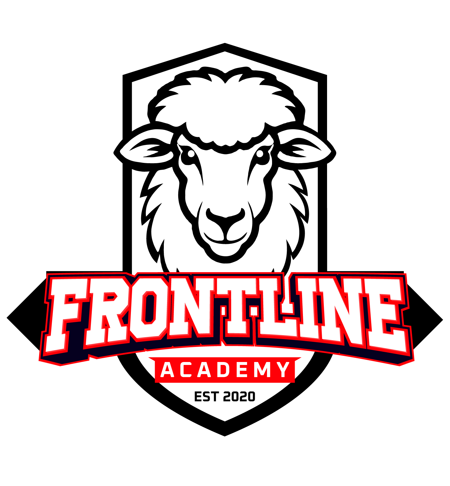 FrontLine Academy logo, featuring a sheep mascot on a shield crest with the text 'Frontline Academy, Est 2020'