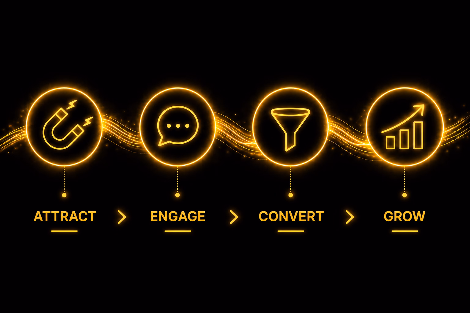 Icons showing the process Launch follow to grow companies by using SEO and digital marketing, from Attract, to Engage, to Convert, and to the end result Grow.