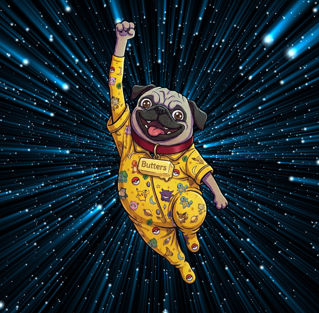 Snarfachu image of Butters the Pug jumping upwards