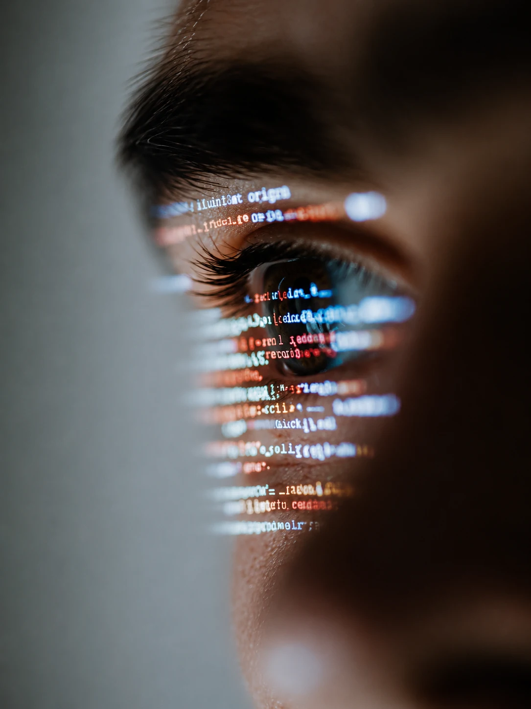 Computer code projected across a person's eye and face