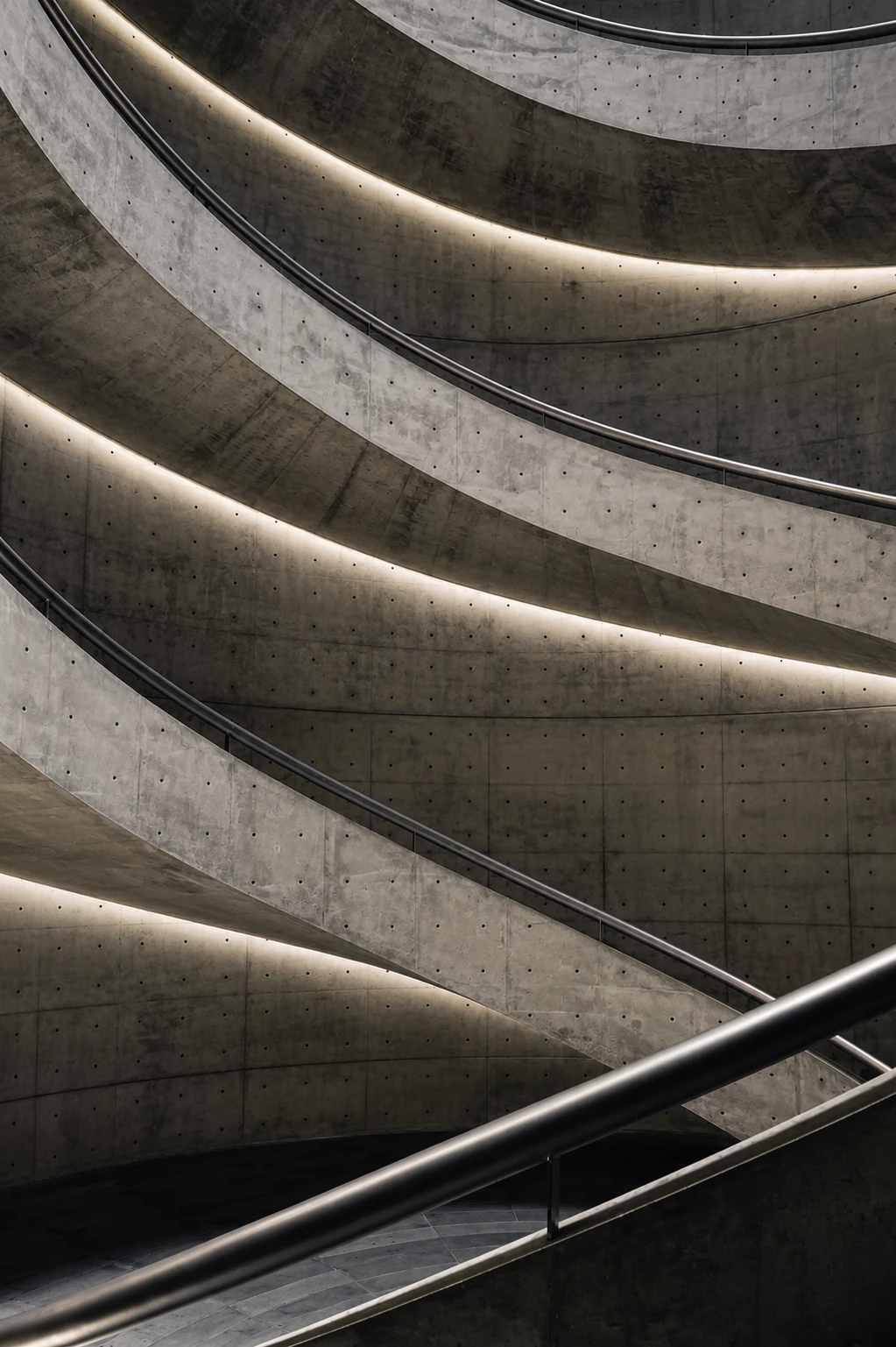 Curved concrete staircase with backlit railings