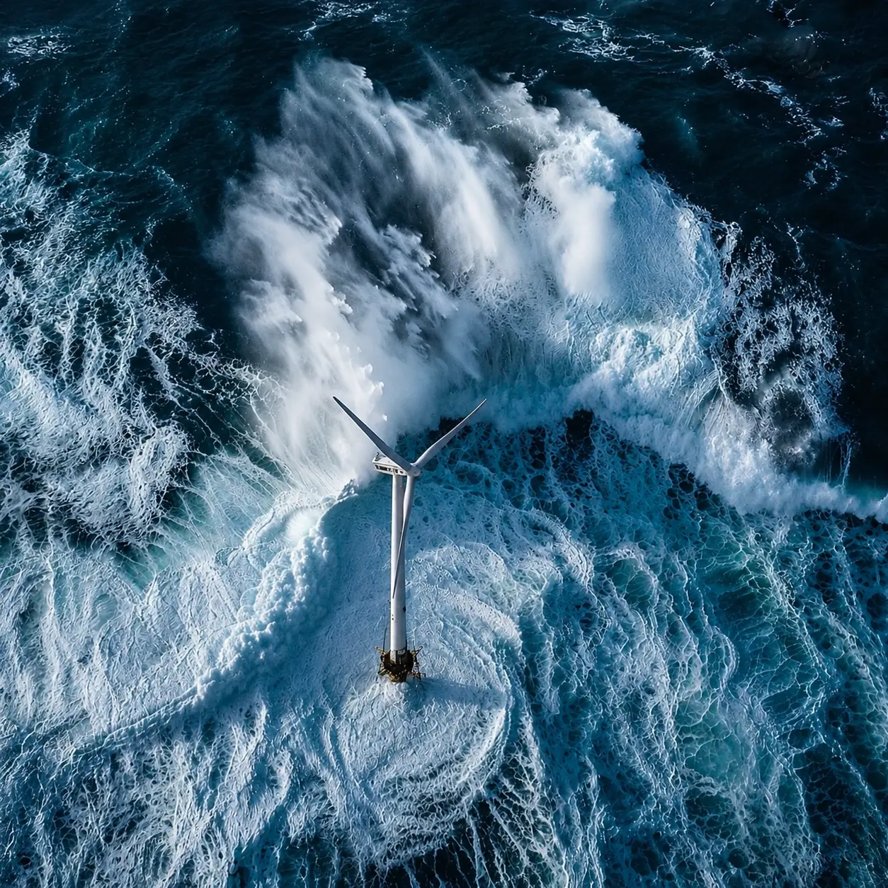 Aerial view of an offshore wind turbine surrounded by crashing waves