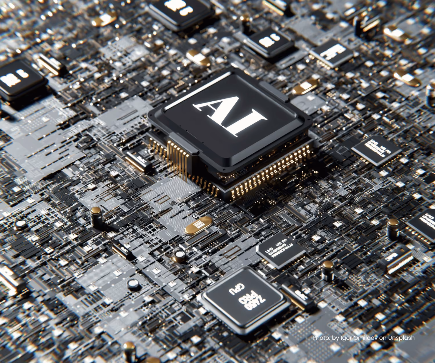 Close-up of a computer chip labelled AI on a dense circuit board