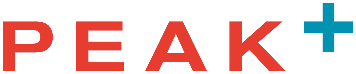 Logo with the word PEAK in red capital letters followed by a blue plus sign.