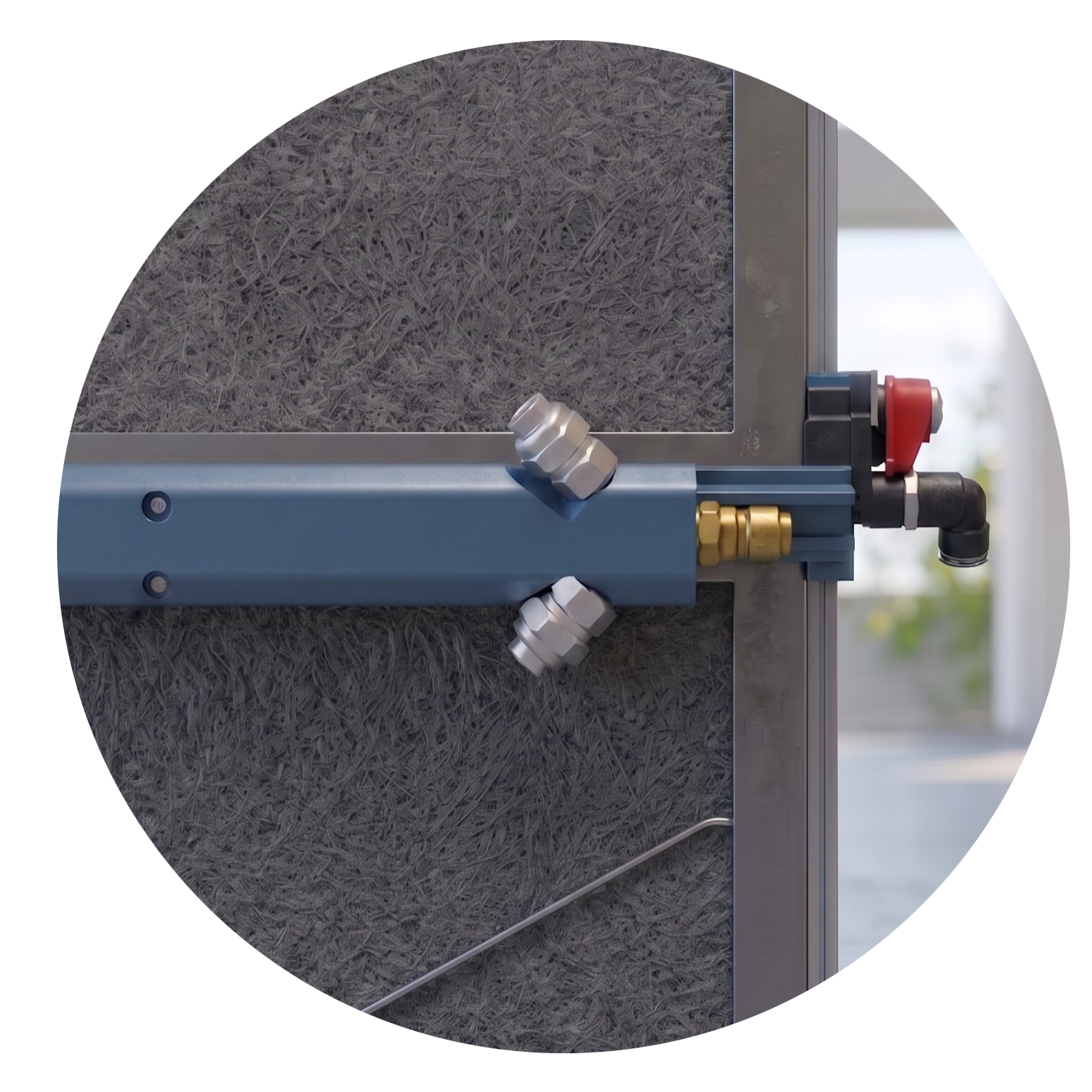 Blue metal spray manifold with brass and black fittings attached to textured gray panel.