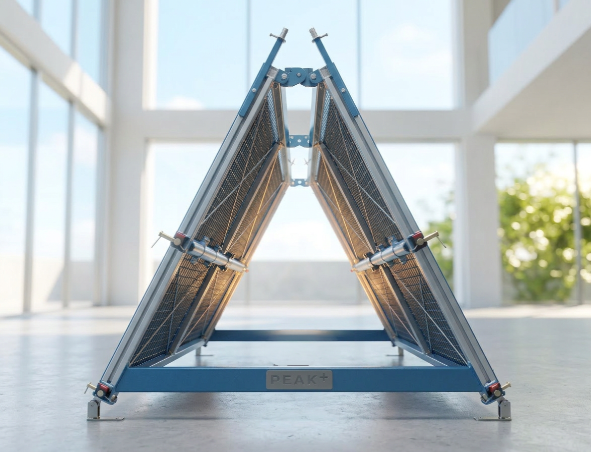 Blue metal-framed solar panels angled inward forming an A shape in a bright modern room.