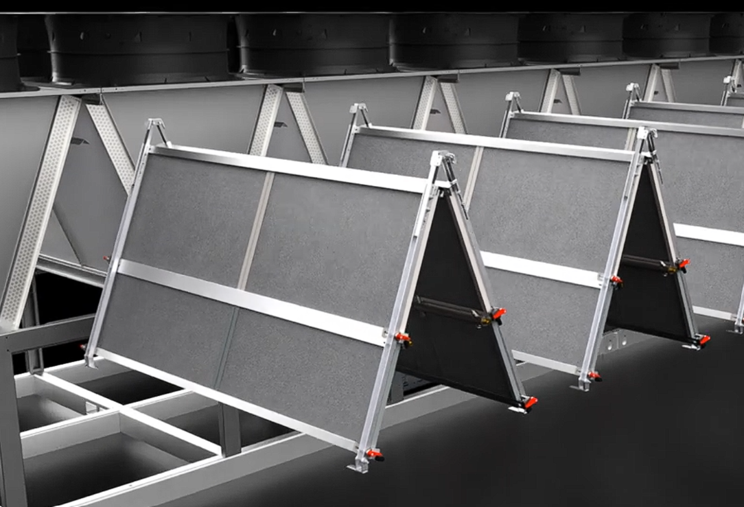Metal triangular frames with panels arranged in rows on a dark background.