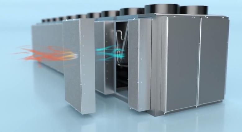 Rendering of a Peak+ precision adiabatic pre-cooling assembly mounted on a row of air-cooled equipment, showing hot air entering and cooled air leaving