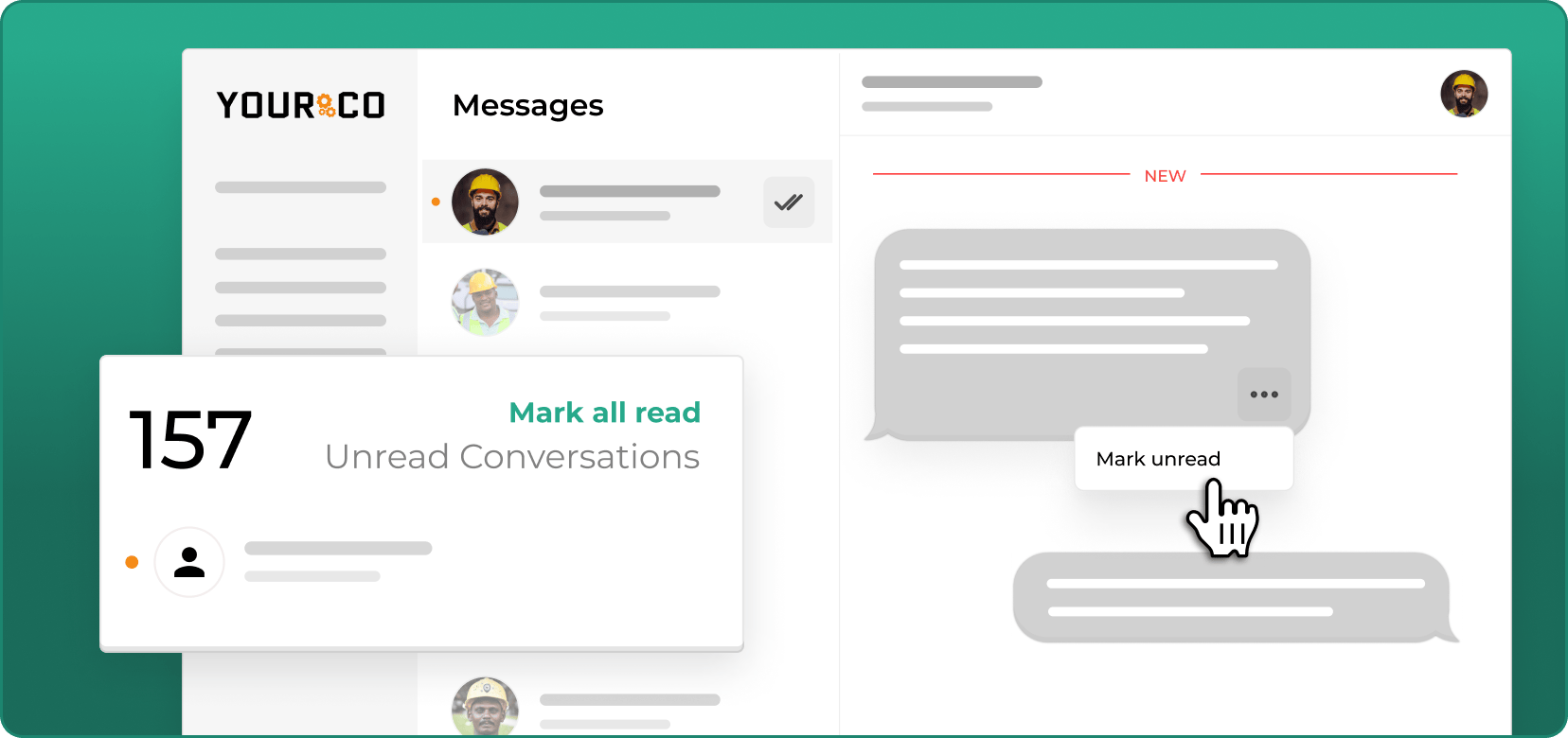 Yourco dashboard showing read and unread message tracking