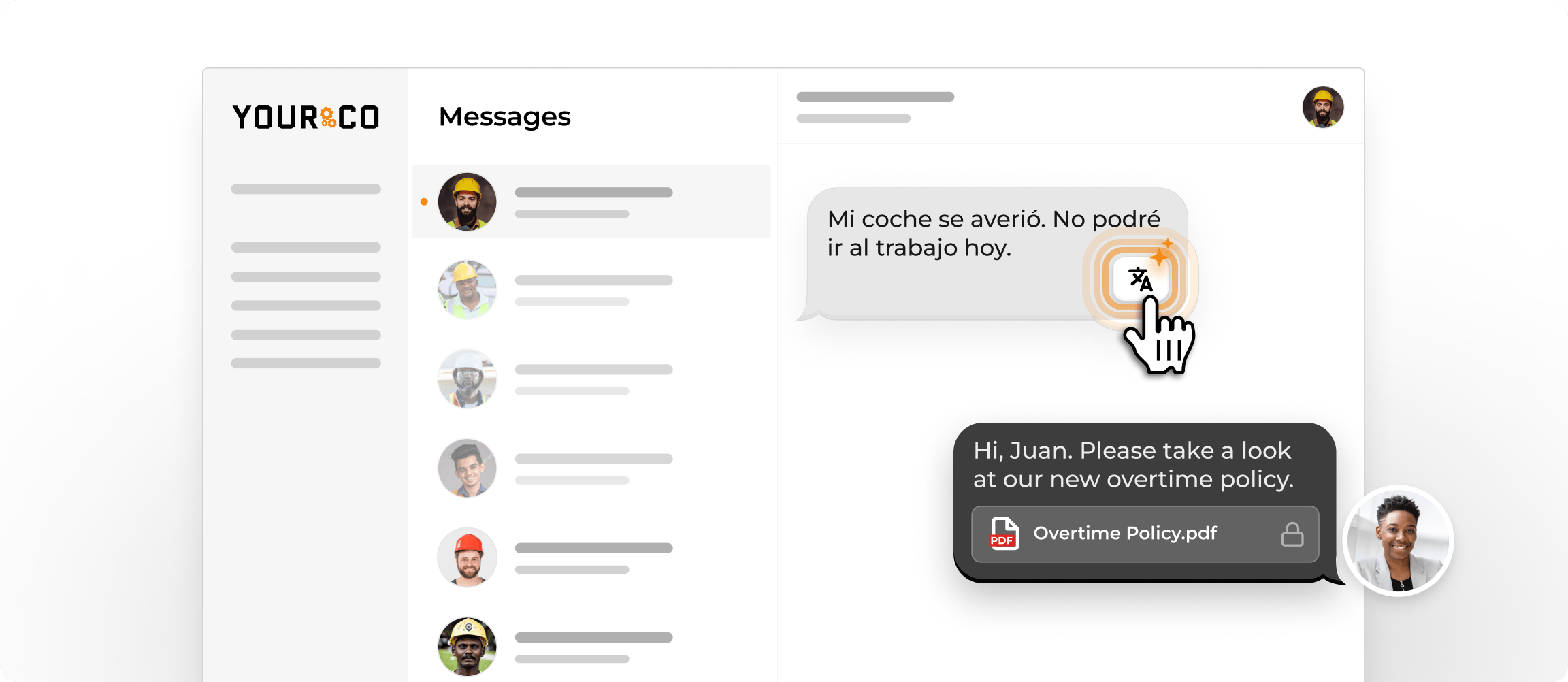 yourco platform with message translations highlighted