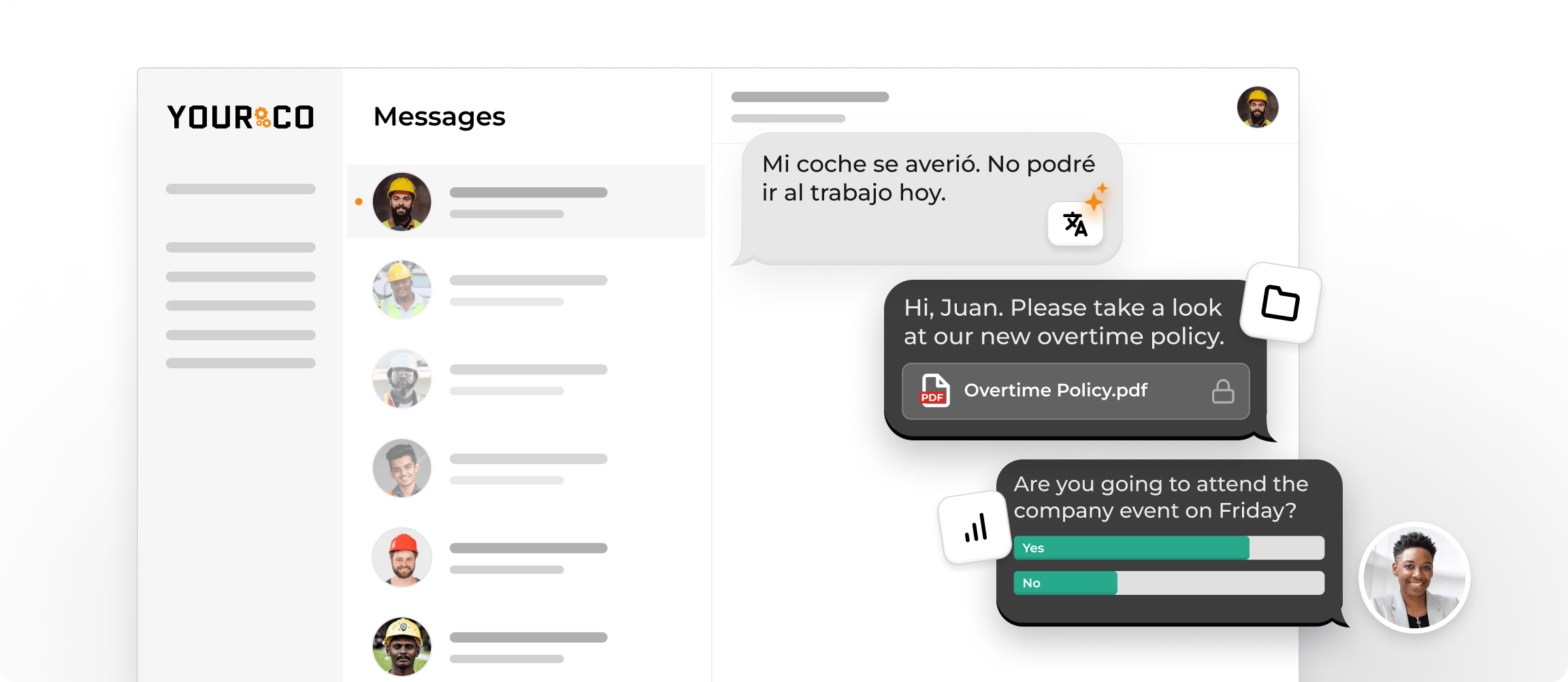 Yourco Messages screen with a text conversation, a shared PDF, and a poll