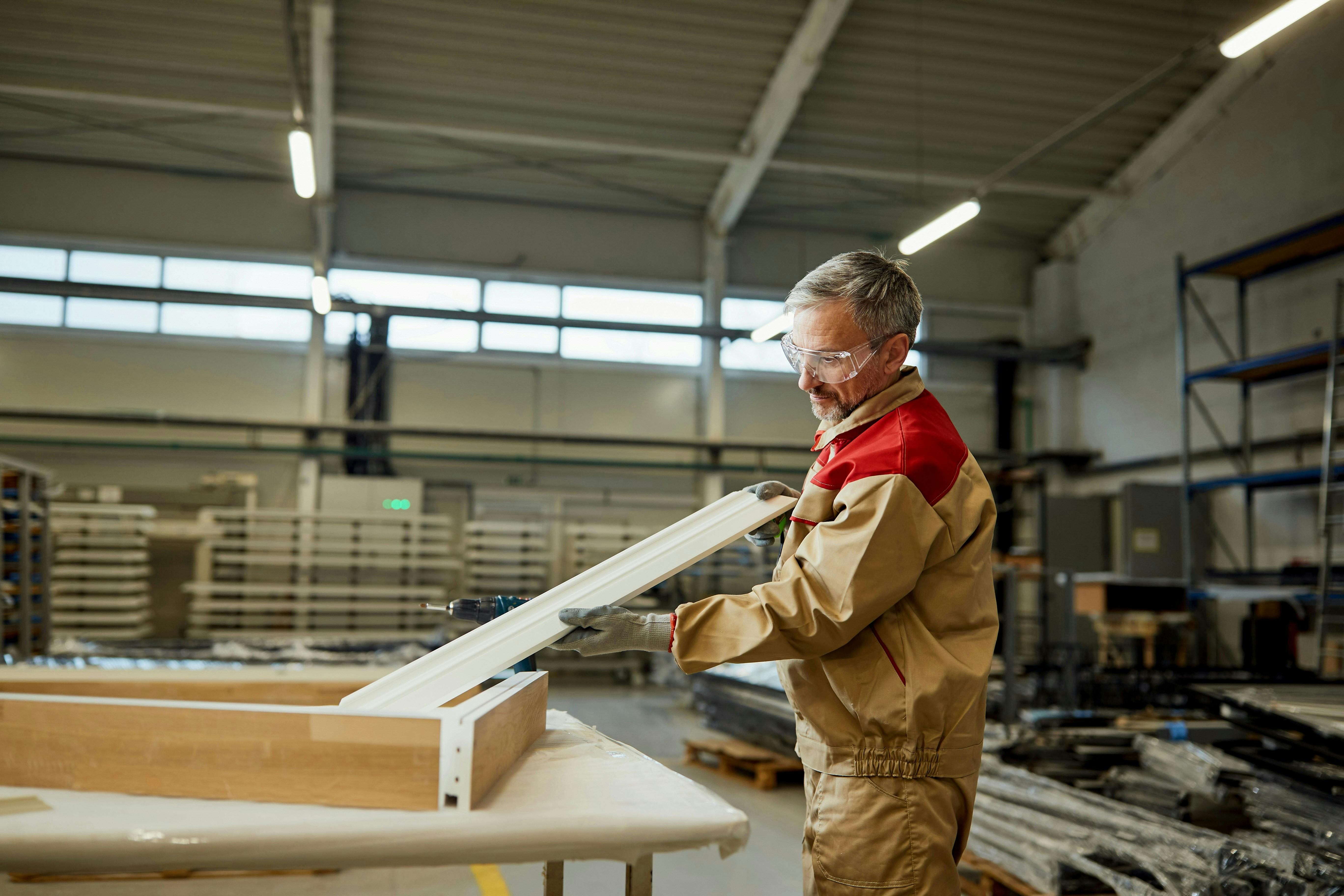 Worker assembling a window frame in a manufacturing facility.