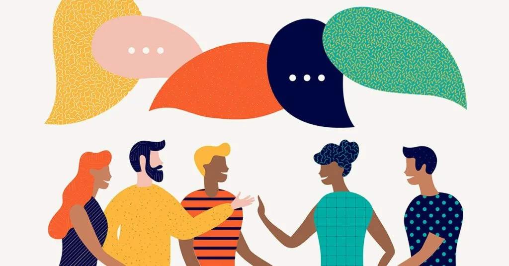 Illustration of five people talking beneath colorful speech bubbles.