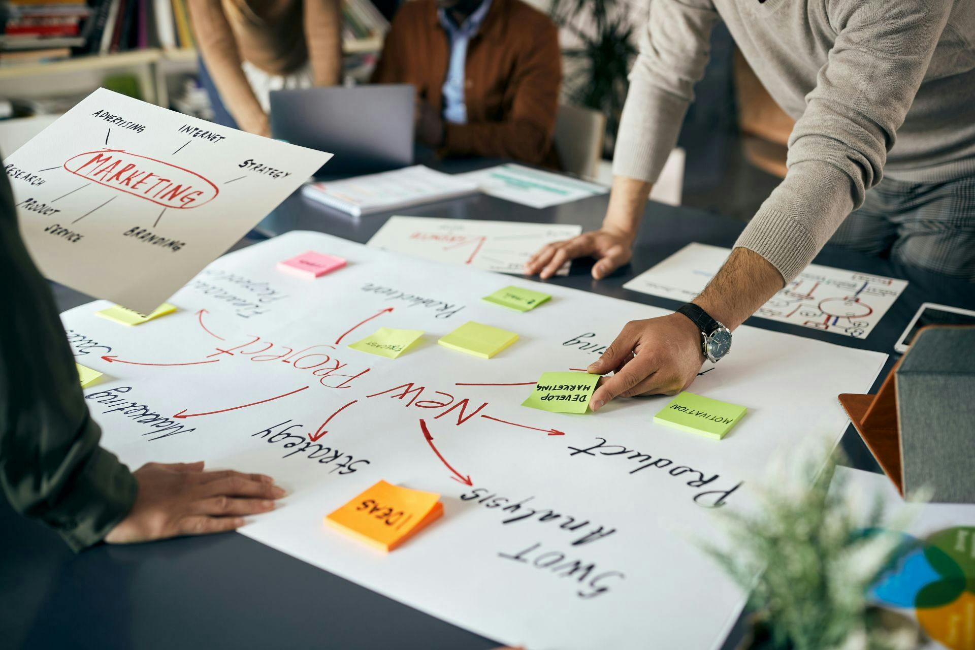 Team arranging sticky notes and handwritten diagrams on a large sheet labeled New Project.