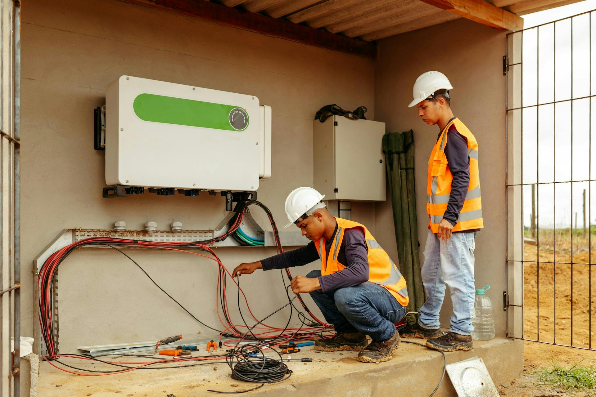 Two construction workers installing cables