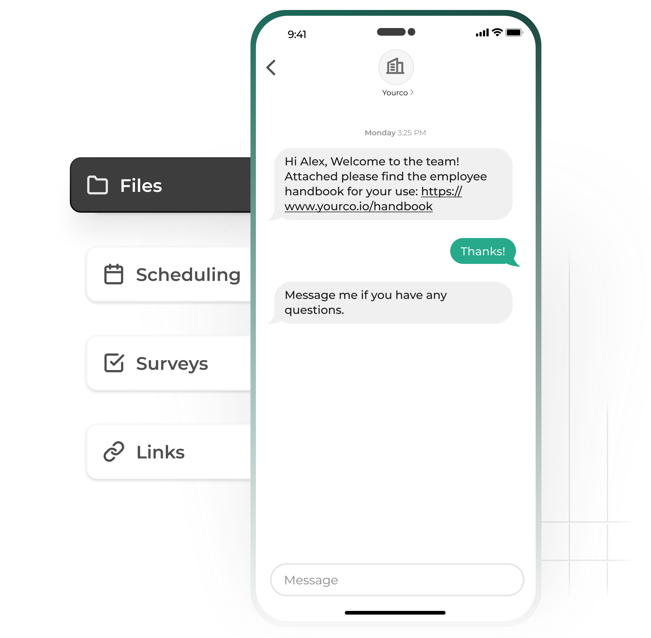 Welcome text giving a new employee access to the employee handbook and inviting questions.