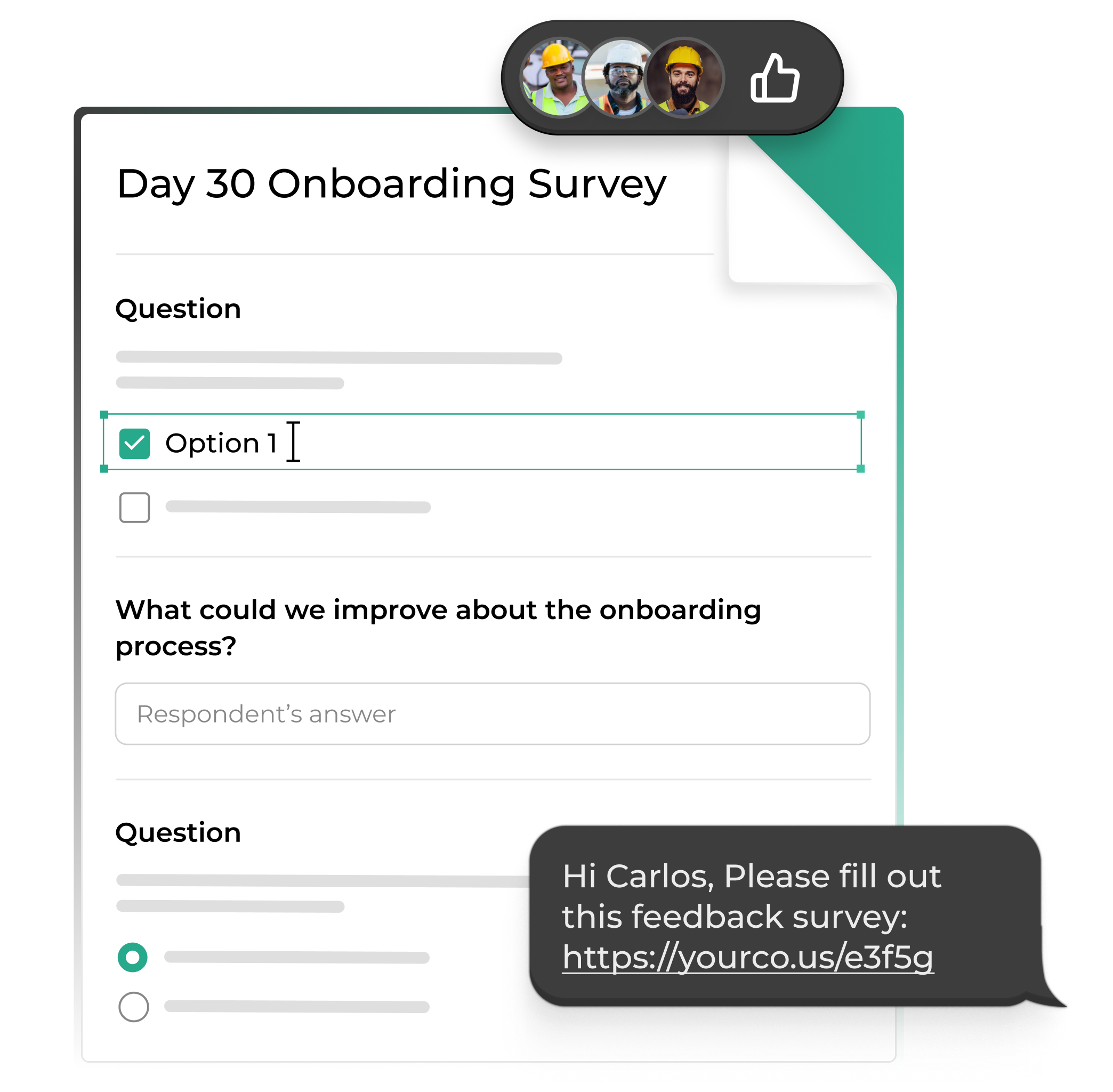 A day-30 onboarding survey shared with an employee through a text message link.