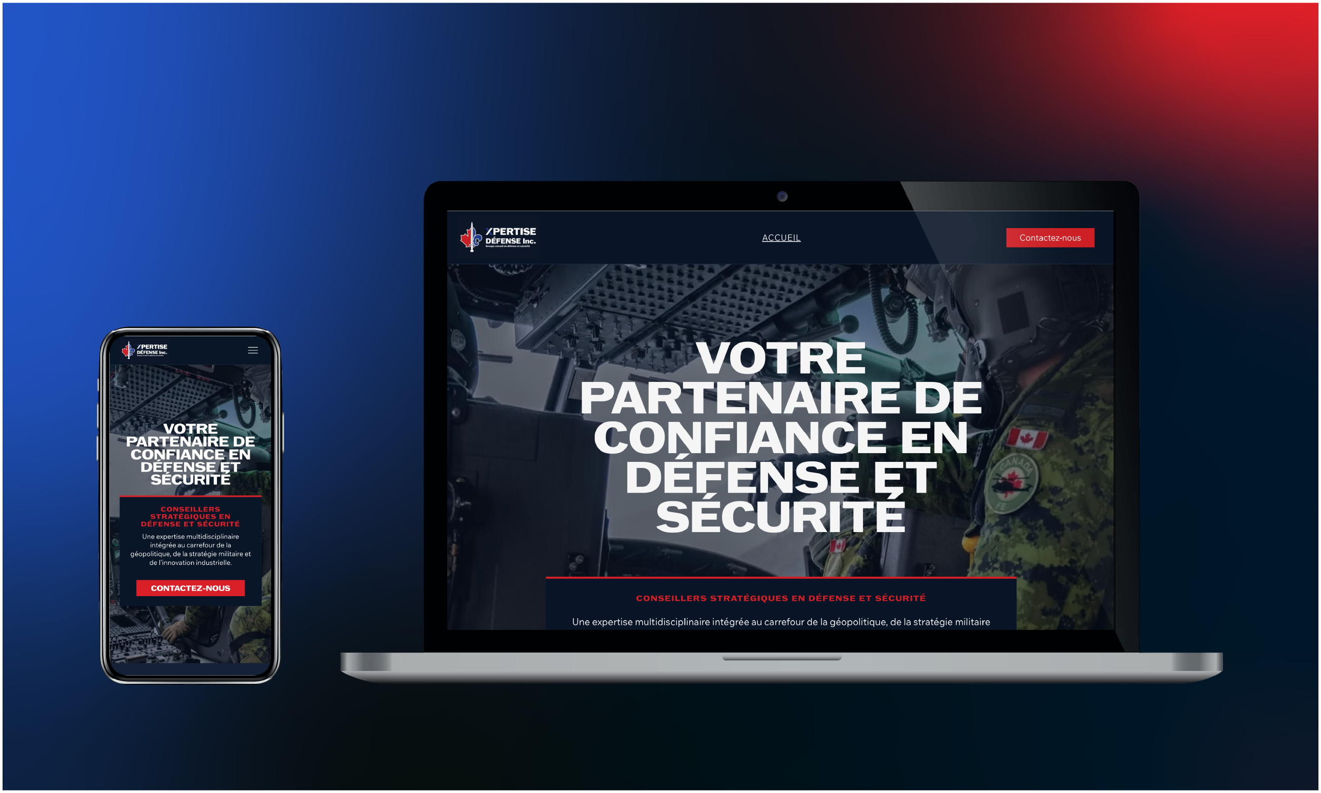 Website homepage showing defense and security partner message on smartphone and laptop screens.