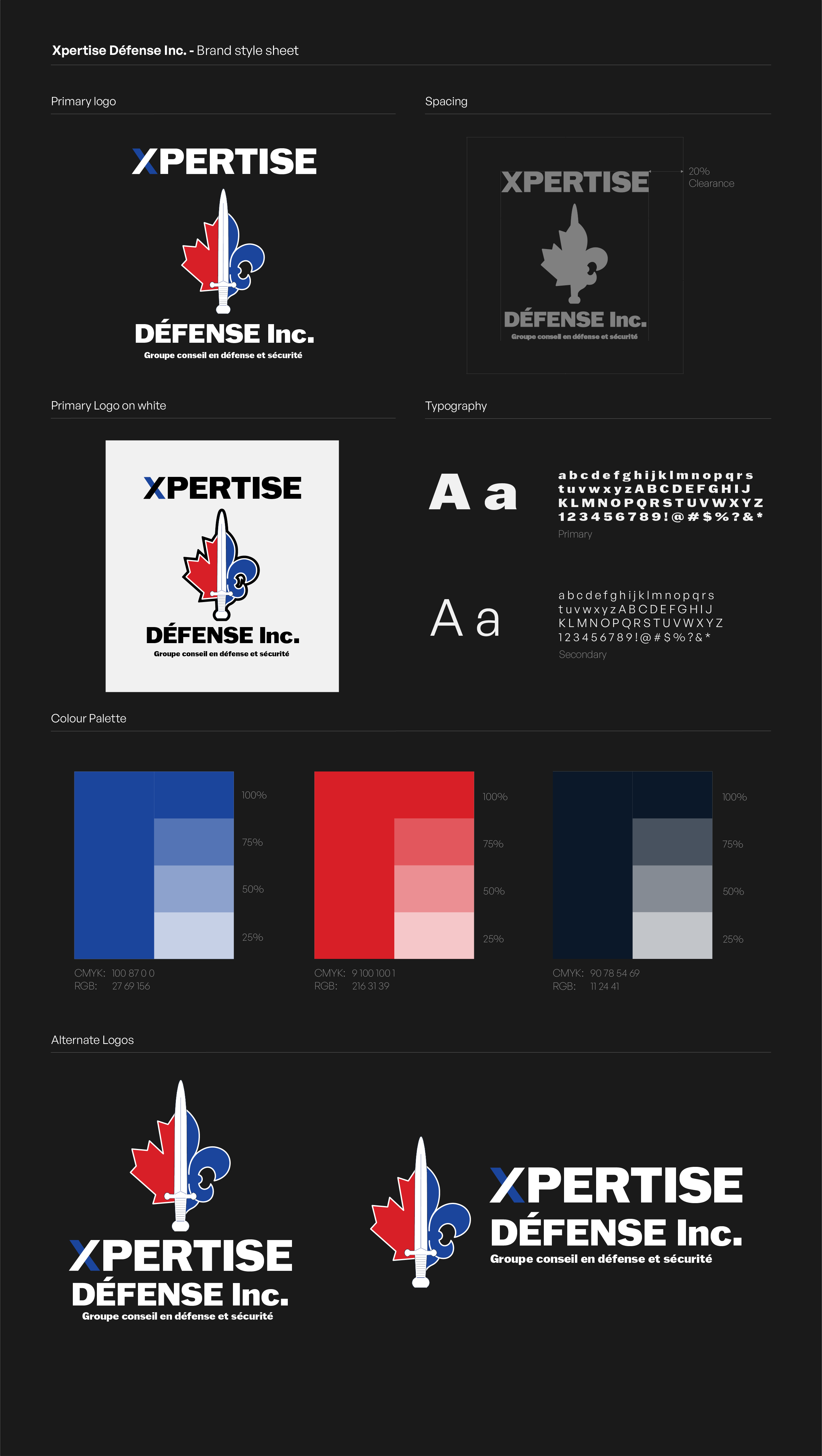 Xpertise Défense Inc. brand style sheet showing primary logo, spacing, typography, colors, and alternate logos.