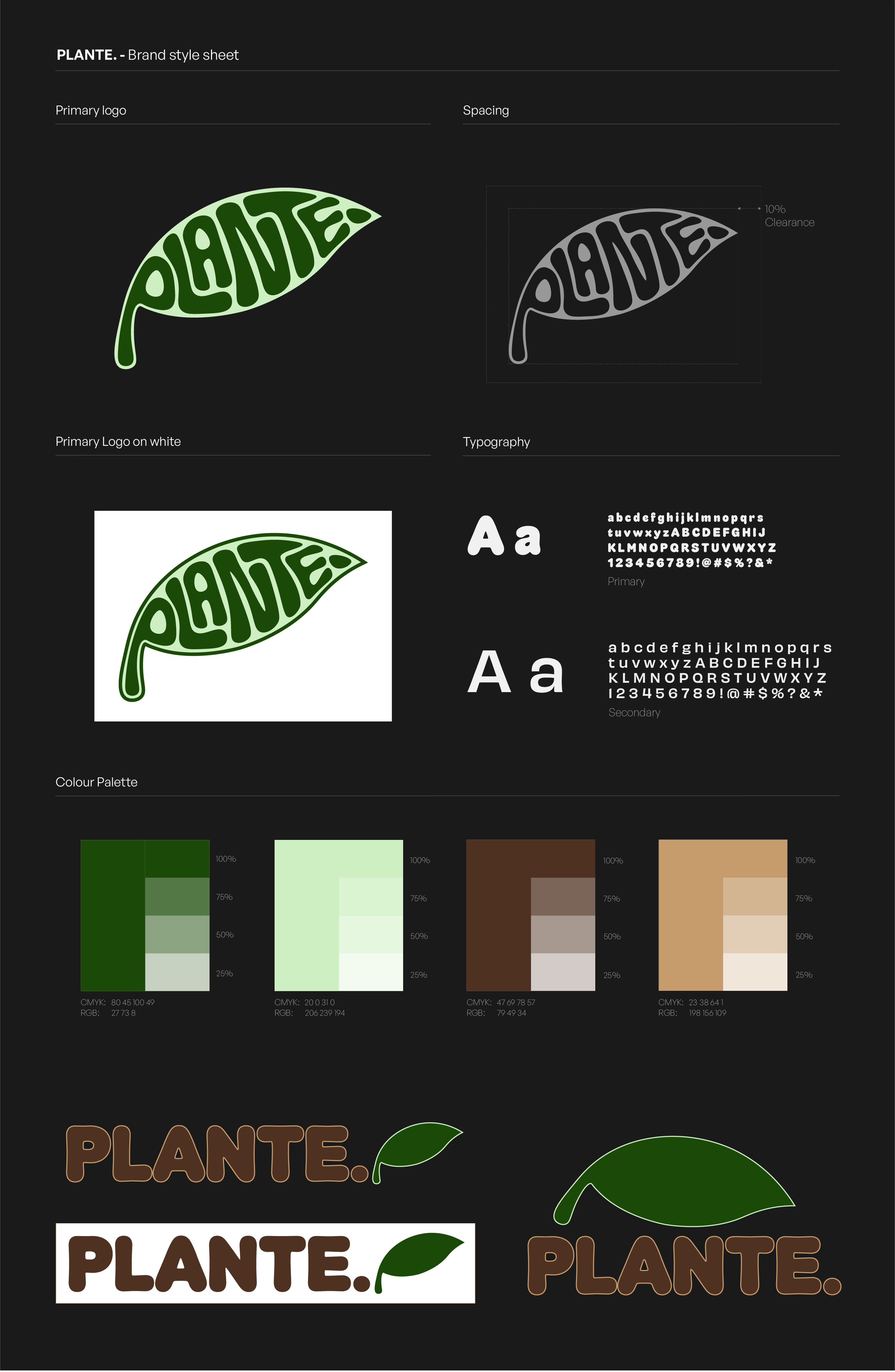 Brand style sheet showing PLANTE leaf logo, spacing, typography, color palette, and logo variations.