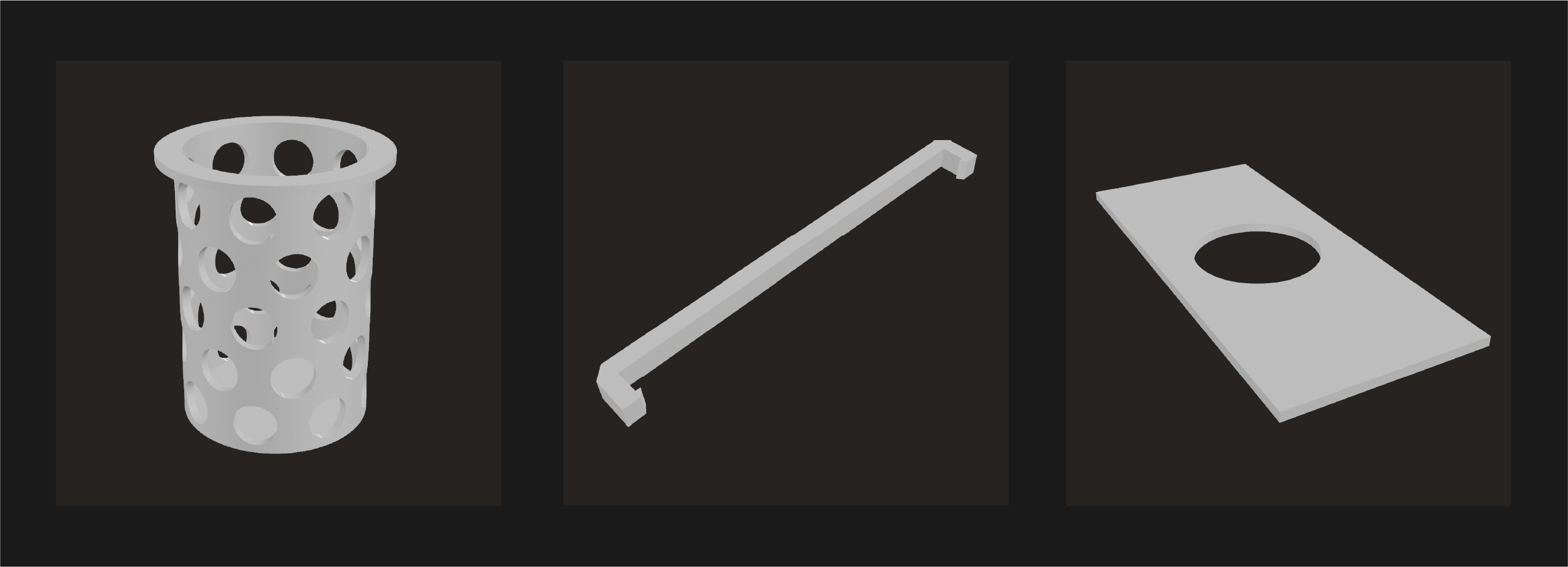 Three grey 3D objects: a perforated cylinder, a long angled bar, and a rectangle with a round hole.