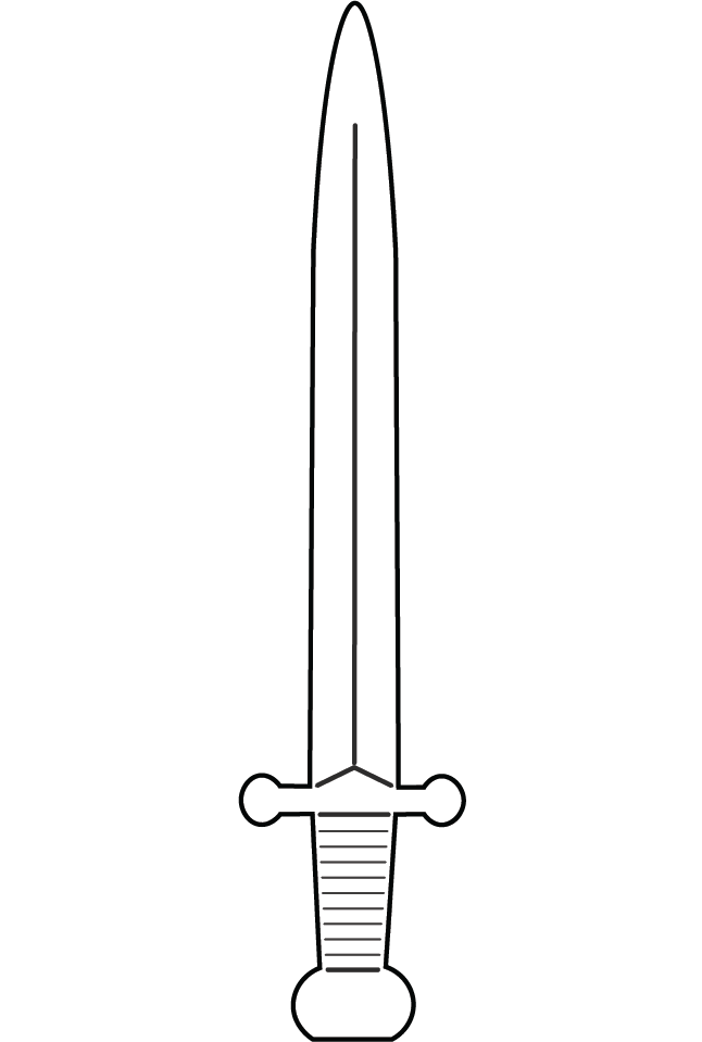 Black and white line drawing of a sword with a long blade, with half a maple leaf and half a fleur de lys. Representing Xpertise Défense Inc's logo.