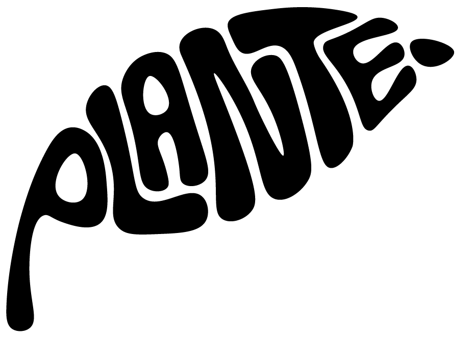 Word PLANTE stylized in bold black letters forming a curved leaf on white background.