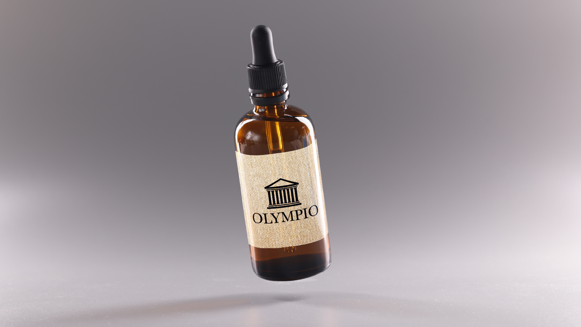Brown glass dropper bottle with a beige label featuring a black ancient temple icon and the text 'OLYMPIO' on a neutral grey background.